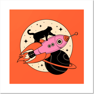 Space Walker Black Cat in orange Posters and Art